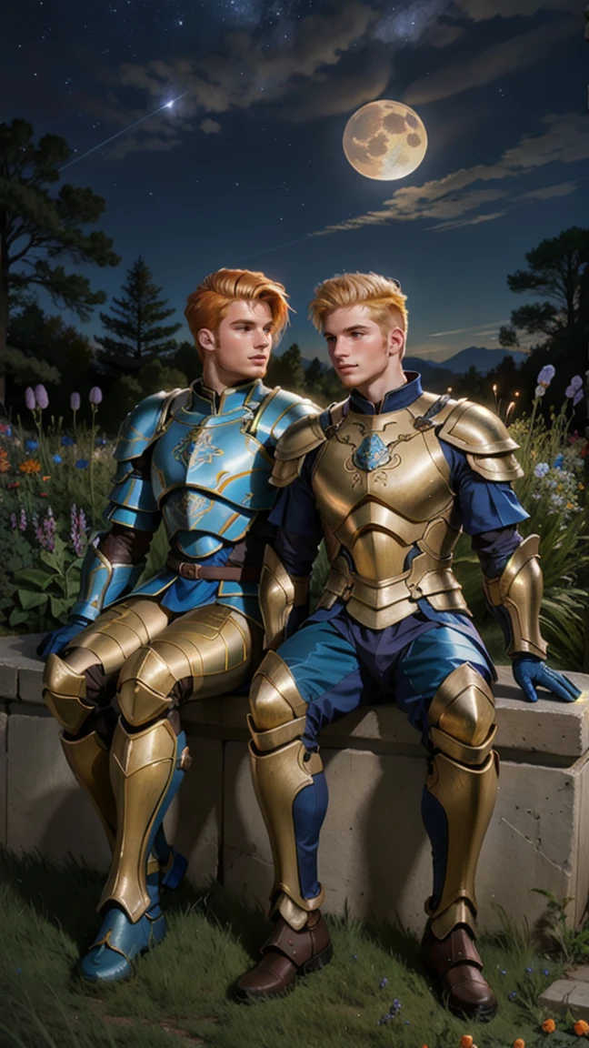 cartoon romance realistic art of two adults talls men sitting side by side, both with undercut hairstyles. The larger man has blonde hair and wears light blue armor with intricate details, while the smaller man has orange hair, wearing orange and brown armor. They sit on a grassy hill at night, their backs turned, gazing up at a large, glowing moon. The night sky is clear with a few stars scattered around. Soft moonlight casts a gentle glow over the scene, in a garden night.
