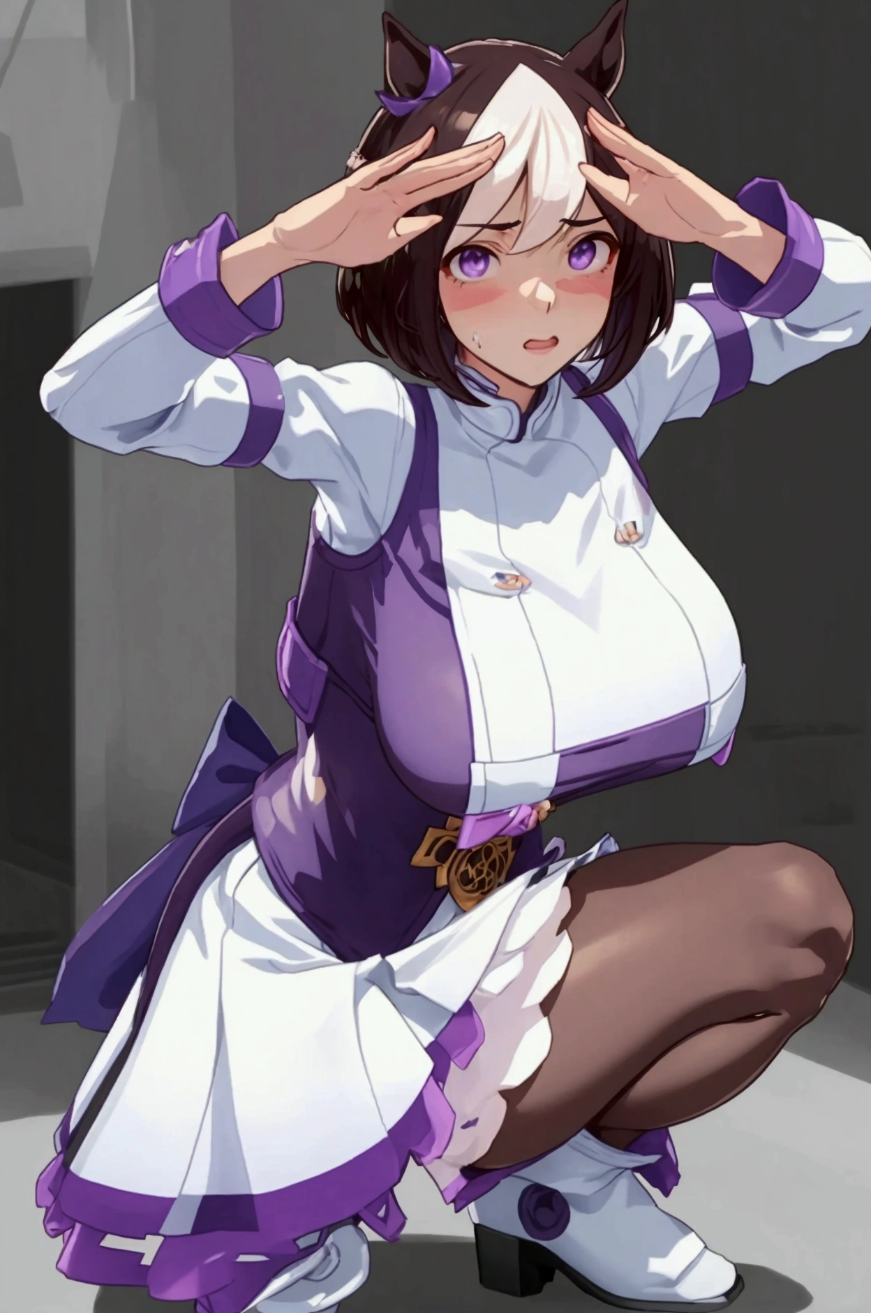 (A special week),(Dark brown hair)、(short hair)、(A tight outfit in white and purple),(horse&#39;ear)、(True to prompts)、(One-handed salute)、(Squat)、(Spread your legs)、(Glaring with sharp eyes)、(Super big breasts),(Busy Street)、(Many people々々々々々々々々々々々々々々)、(sunny)、(blue sky)、(Best lighting)、{{{Browsing Caution}}}、{{{masterpiece}}}, {{{Highest quality}}}, {{ultra-detailed}}, {{shape}}, {{{Very delicate and beautiful}}},{{extremely detailed CG}}、{{unity 8k portrait}}、{{Fabric Shading}}、{{super detailed skin}}、{{Perfect Anatomy}}、{{detailed}}、{{Dynamic Lighting}}、{{{beautiful detailed eyes}}}、{{{beautiful detailed Face}}}、(Perfect Legs)、(Perfect breasts)、(Perfect pose)、(Perfect body)