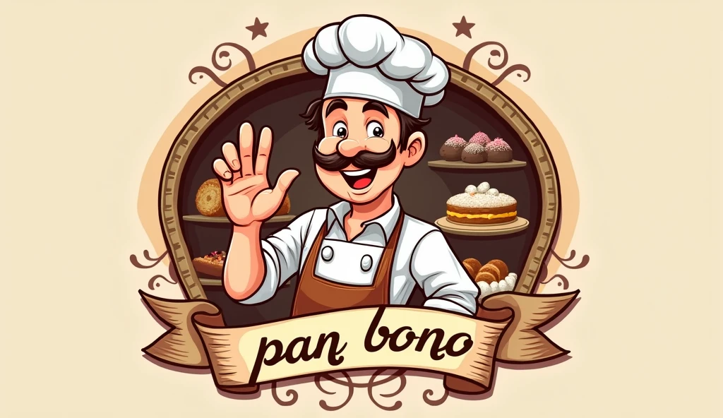 Create a logo of an Italian pastry chef making a hand gesture and saying 'pan bono'