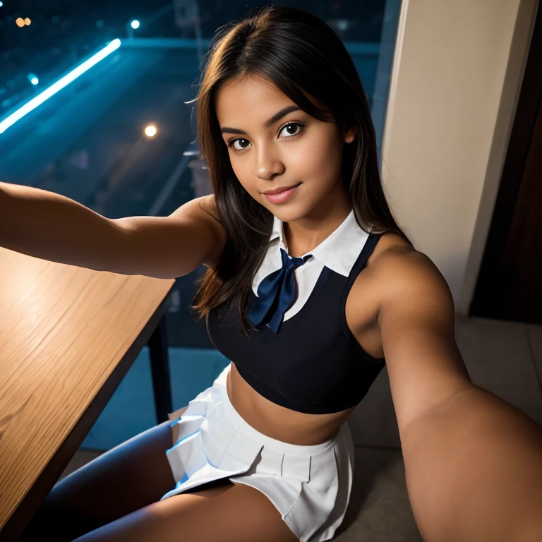 Image of a 16-year-old Colombian girl, cuban, Brown skin, in sexy schoolgirl uniform, sitting with her legs open in a seductive manner. Her face is beautiful and attractive, with delicate features and a suggestive smile. The lighting is soft and natural, with a subtle background that highlights the figure of the woman. The uniform consists of a short pleated skirt, a tight white blouse and a narrow tie, she has her tits out, big round tits,  The pose is relaxed and confident, with her legs open so that her underwear is showing. (Tomar selfies, aerial view: 1.4), (straight half of the torso: 1.4), Portrait photo in RAW UHD format, (brown eyed woman), Details (Textures, hair, resplendent, Color, Imperfections: 1.1), Highly detailed glowing eyes (looking to the camera), DSLR lighting, reflex camera, ultra quality, sharpness, depth of field, film grain (center), Fujifilm XT3, Clear as crystal, Center of the frame, beautiful face, Sharp focus, streetlight, Neon lighting, bokeh (dimly lit), evening, (night sky), Details oculares complejos, Whole body