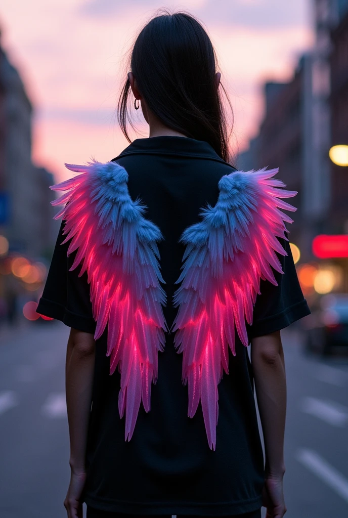 Shirt front and back , black and pink with a gradient angel wing
