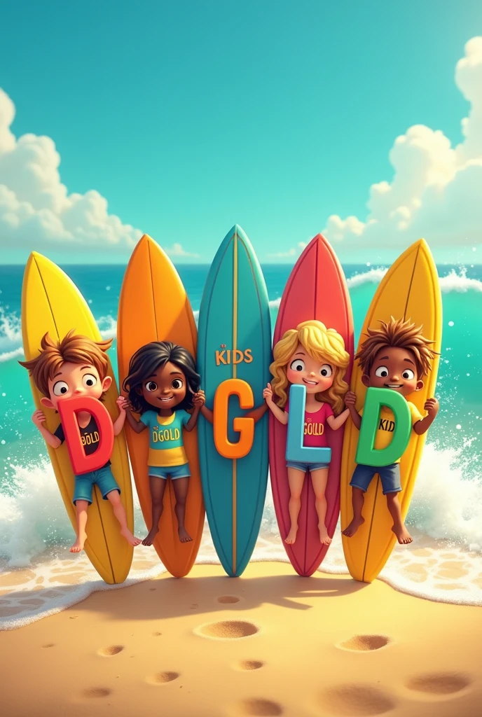 Cartoon characters wearing branded clothes and holding surfboards, going surfing.
The brand on the clothes says DGOLD KIDS.
And the characters hold the boards written DGOLD KIDS
And the boards are colorful and with a letter from the name DGOLD KIDS.
First board with the letter D in gold, second board with the letter G in blue, third board with the letter O in red, Fourth board with the letter L in green and the fifth board with the letter D in opaque yellow and must be in this order DGOLD
And on the shirts must have the name DGOLD and below the name DGOLD a smaller name and with each letter of a different color which is the name KIDS.