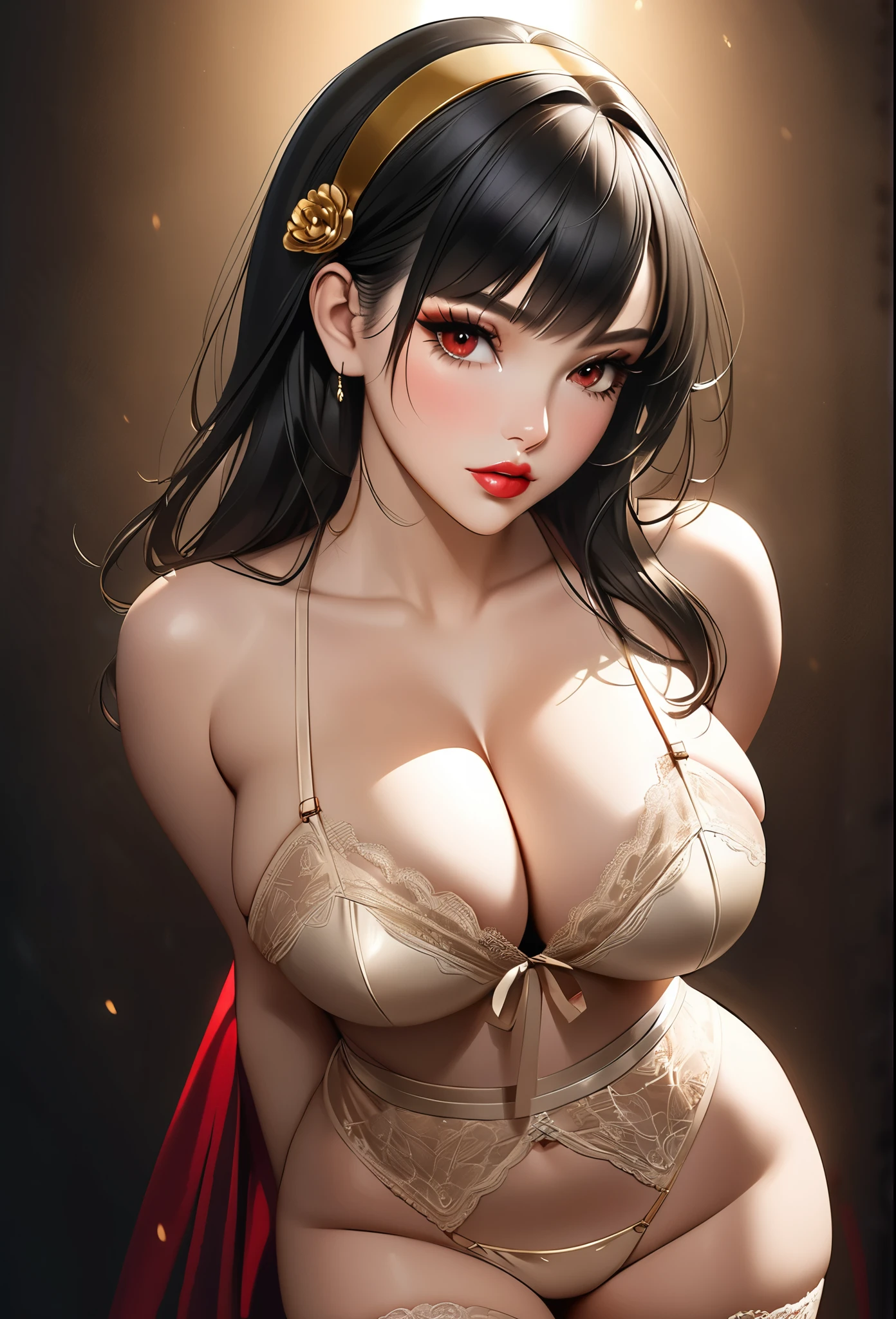 (((Yor Briar))), black hair, red eyes, gold headband, realistic depiction, elegant appearance, pale and shiny skin, full lips with lip gloss, subtle eyeliner and mascara, eyeshadow, red and gold monochromatic color scheme, soft lighting, cleavage, huge tits, lingerie, thigh highs, arms behind back, 