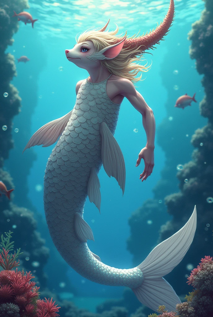 Homme-poisson, beau, écailles blanche nacrés sur la peau , Oreilles d'elf , nageoire dorsale visible, avec des jambes, cheveux semi long, fantaisy, style anime, corne de corail