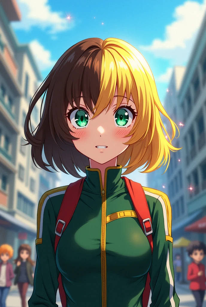 My hero academia, girl with half brown hair half yellow hair, one green eye and one white eye, pale skin, boku no hero academia