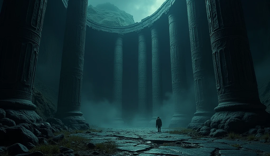 a dark Lovecraftian temple, colossal pillars. only a flashlight illuminates
