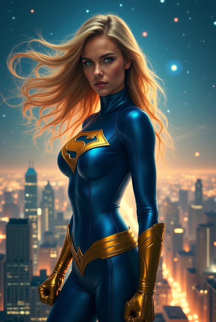 Superheroine on top of a building looking at the viewer