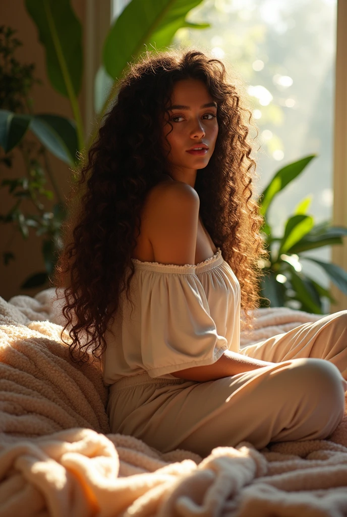 (photorealism:1.2), beautiful woman, sitting on bed, wearing loose off-shoulder top, pajama pants, long curly hair, indoors, soft lighting, plants in background, window with sunlight, cozy room, relaxed pose, realistic, intricate details, warm colors, by Greg Rutkowski, by Alphonse Mucha