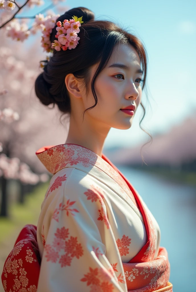 An elegantly dressed Japanese woman in natural light、A close-up of her chest and calm expression.、It shows her inner peace and outer charm.。