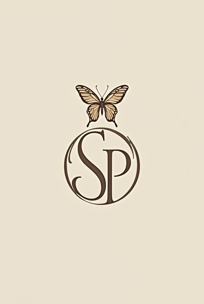 Logo for accessories, with neutral tones colors, combined with metallic color accents, with a Style: minimalist, elegant, con un Monograma elegant con las iniciales sp junto a un circulo y complementado con una mariposa, but versatile, memorable and legible