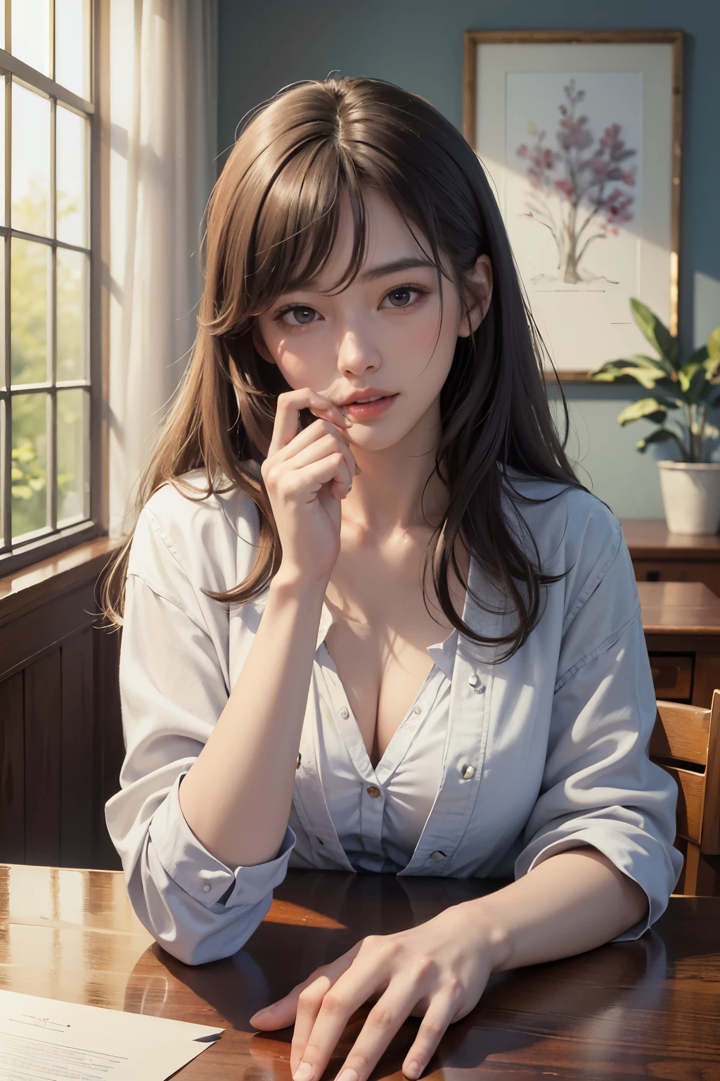 (In 8K、RAW shooting、Highest quality、Masseter region:1.2)、Very detailedな、Ultra-high resolution、(Realistic、Realistic photos:1.37)、Portraiture、High-resolution RAW color photos、Professional photography、hVery detailed and beautiful、Very detailed、8k wallpaper、Very detailedな、Large file size、Official Art、HVery detailed CG Unity 8K wallpapers、hVery detailed beautiful girl、Very detailed顔、Very detailed目、Very detailed皮膚、Very detailed指、hVery detailed nose、Very detailed詳細な口、Perfect Anatomy、Detailed Background、Detailed clothing、1 person、(20:1.2)、20th Generation、cute、Realistic body、((masterpiece, Highest quality, Highest quality, Official Art, beautifully、beautiful:1.2)),((masterpiece)),((Vibrant colors)),((Ayako Katagiri)),((Mischievous smile)),((smile)),((looks fun)),(((A moment of summer))),(((iced coffee))),(((Looking out the window)))
