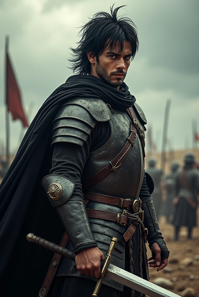 A warrior. He has intense black eyes and black hair cut in a mullet style. He wears typical medieval soldier armor,In your right hand, He holds a long sword. His left arm is covered in cuts.