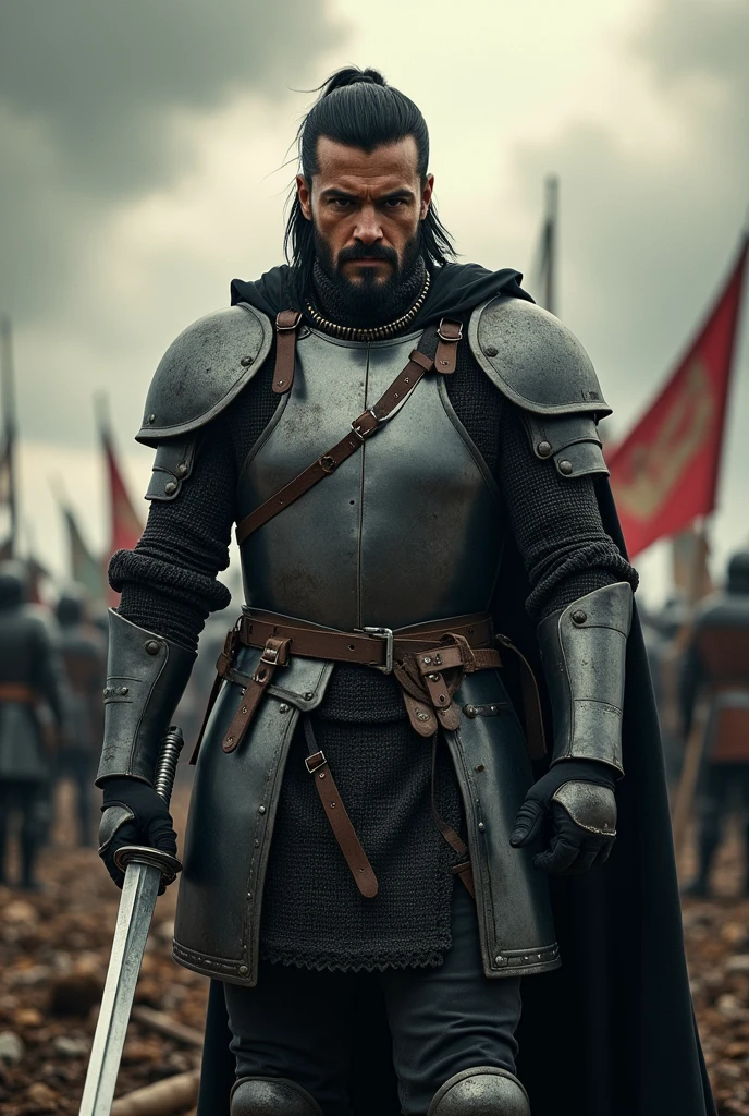 A warrior. He has intense black eyes and black hair cut in a mullet style. He wears typical medieval soldier armor,In your right hand, He holds a long sword. His left arm is covered in cuts.