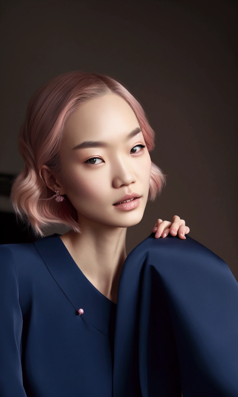 Alex Tang fashion illustration, blonde 1woman thin hair bob, slim, pink evening dress, cafe