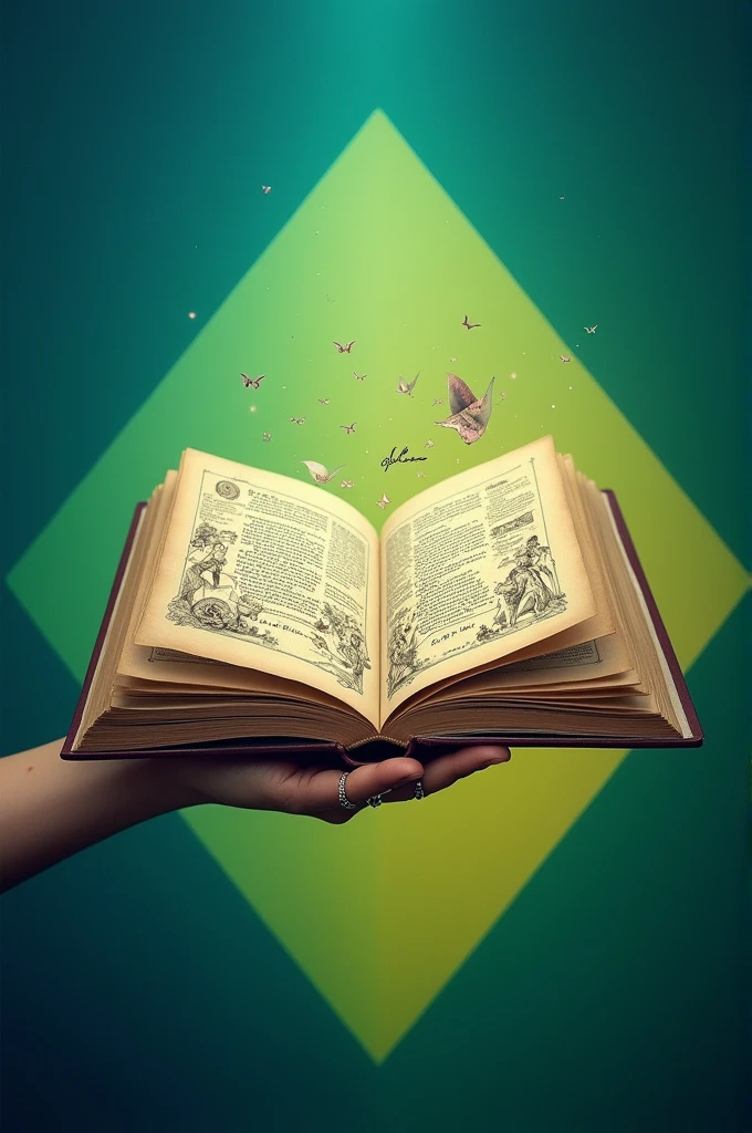 A rhombus with a gradient of blue and green colors, inside of which there is an open book and an outstretched hand