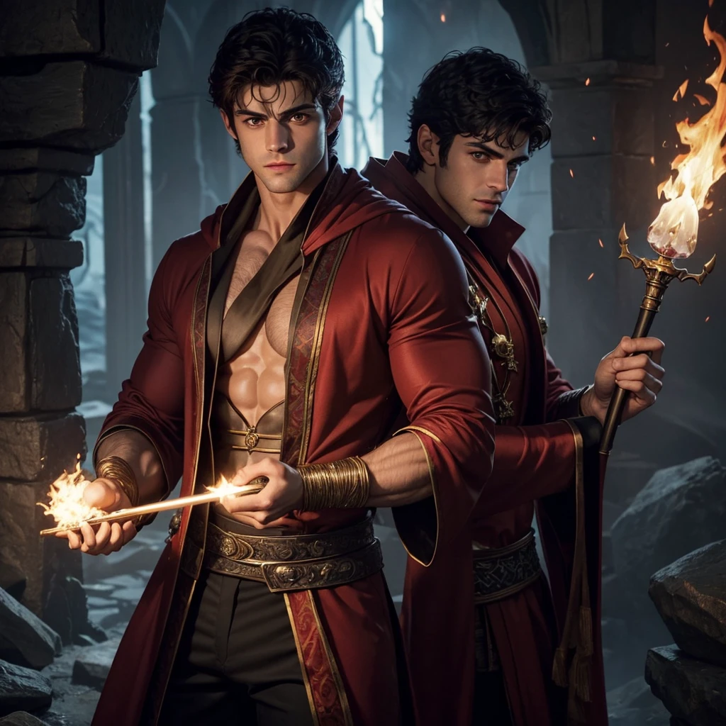 a muscular handsome wizard, solo, (face:Matthew Daddario), extremely detailed face, perfect face, short hairstyle, looking at the viewer romantically, fiery red robe, black pants, ruby crystal wand in his hand, sexy look, wizard hat, smooth skin, doing fire magic, 