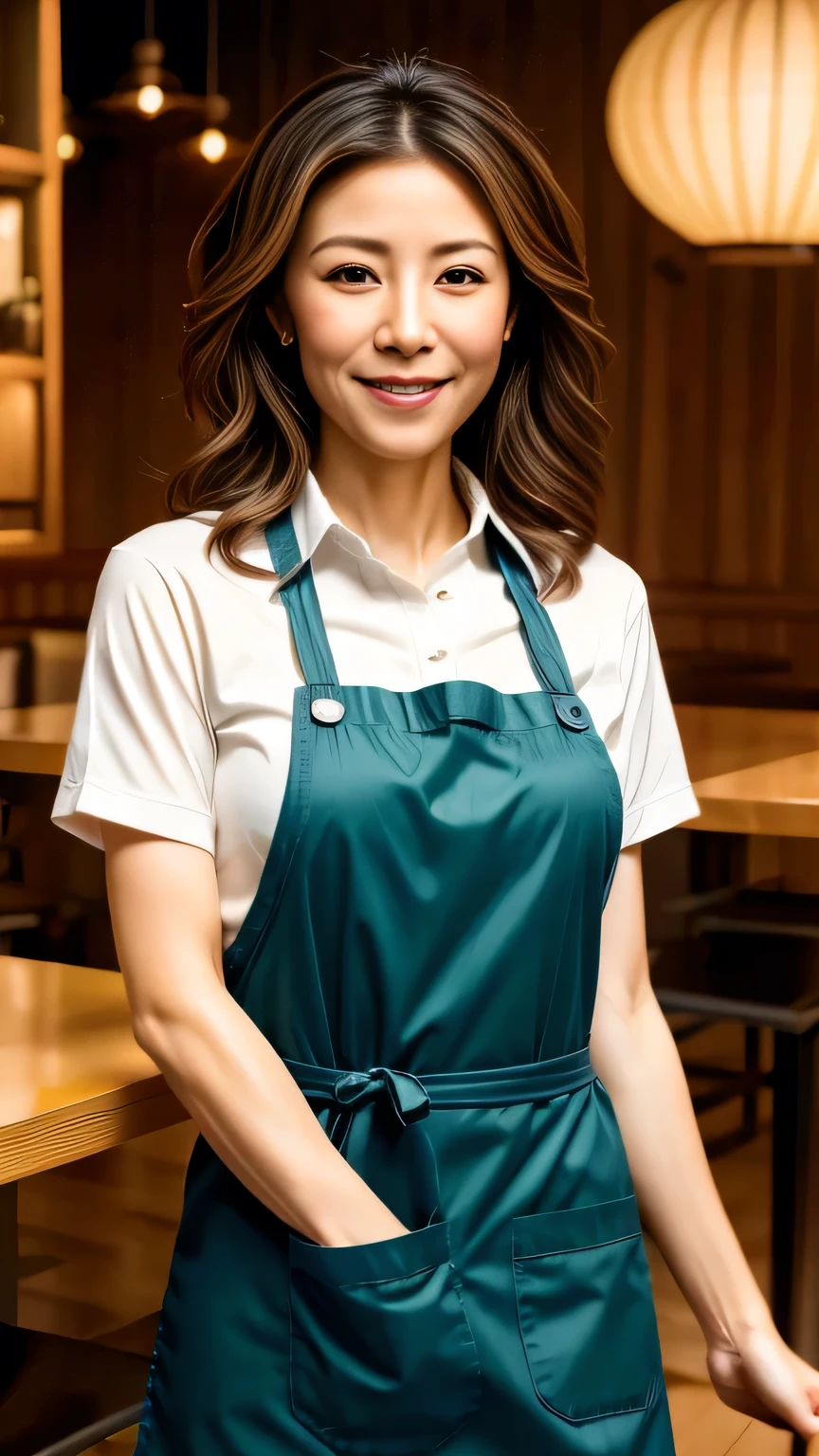 Beautiful female fast food server, 40 years old, Smiling while serving ordered dishes, Capturing customer attention, Detailed facial features, Cinema Lighting, Realistic, 8k, Super detailed, Symmetrical Configuration, Warm tones, Natural Skin Tone, Soft focus background, Dynamic pose, High-fashion apparel, Impeccable uniform, Confident expression, Cute Smile, Gorgeous eyes, Fine hand, Intricate apron design, Clean restaurant ambiance, Shining metal surface, realistic reflection, Appetizing food presentation, Immersive atmosphere