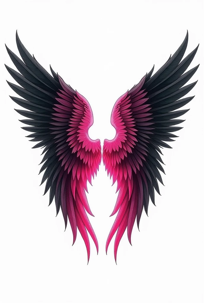 Shirt front and back , black and pink with a gradient angel wing, the drawing done on the shirt
