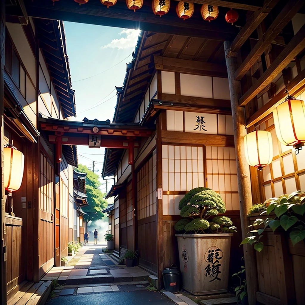 ((score_9, score_8_up, score_7_up, score_6_up)), ((rural japanese street corner: 1.3)), japanese architecture, ((torri gate arching over street: 1.2)), detailed anime artwork, anime scene, ((bright blue sky: 1.0)), extra detailed, very detailed, ((vibrant banners with japanese text: 1.2)), ((glass windows: 1.1)), ((big plant pots: 1.1)), ((japanese lanterns: 1.1)), ((wooden doors: 1.1)), metal trash can, anime style, anime, lofi, lofi vibe, sparkle, cinematic lighting, god rays, glowing light, ((best quality:1.5)), ((masterpiece:1.5)), ((highly detailed:1.3)), ((anime aesthetic:1.2)), ((no one: 1.2)), ((no people: 1.2))
