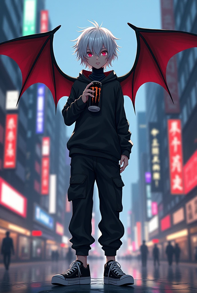 Kizuro is a young boy of average height, Eyes red, pale skin with long white hair with long strands falling over his shoulders and a fringe on his face that covers his left eye. He has black bat wings with red insides on his back and his face is very feminine. He's wearing a black long-sleeved turtleneck shirt, He's wearing a black hooded sweatshirt, slightly loose black pants that go all the way down but don't go past your black sneakers. He is in a city holding a can of Monster Energy in his hand close to his mouth., drinking.