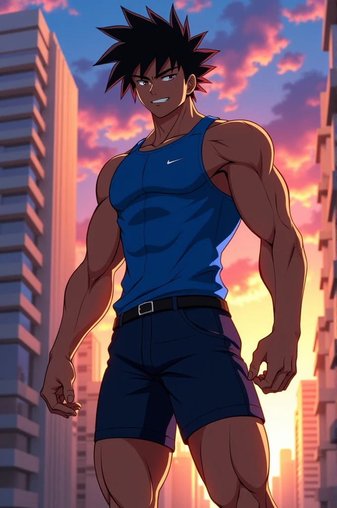 gojo Satoru , but black-haired and muscular without a bit of a sideburns , full body with shorts and realistic