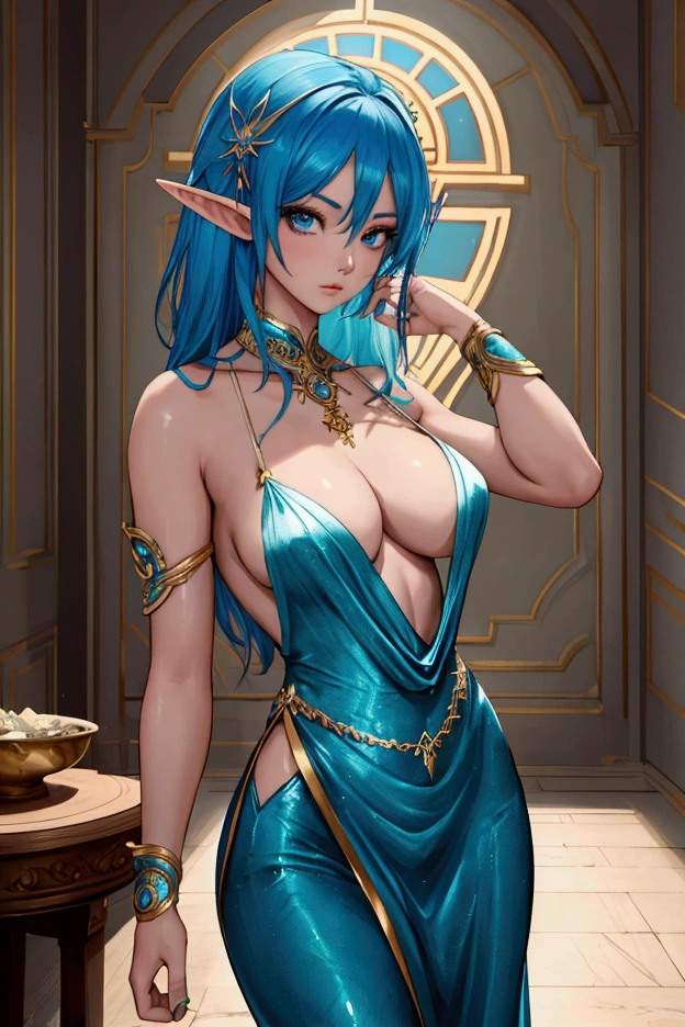 a woman with blue hair and a teal ballroom dress is standing, style artgerm, trending artgerm, artgerm lau, artgerm style, style of artgerm, as seen on artgerm, artgerm and rossdraws, extremely detailed artgerm, like artgerm, artgerm art, blue sea-elf, full body, Blue skin, azure complexion, TEAL SKIN, BLUE ELF