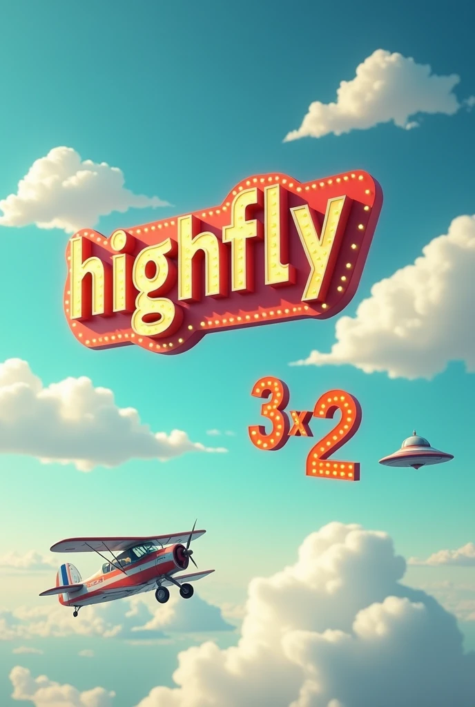 A sign that says “highfly” among clouds, now one that says “3x2, but also the “highfly”, Now add a small plane and a UFO., 