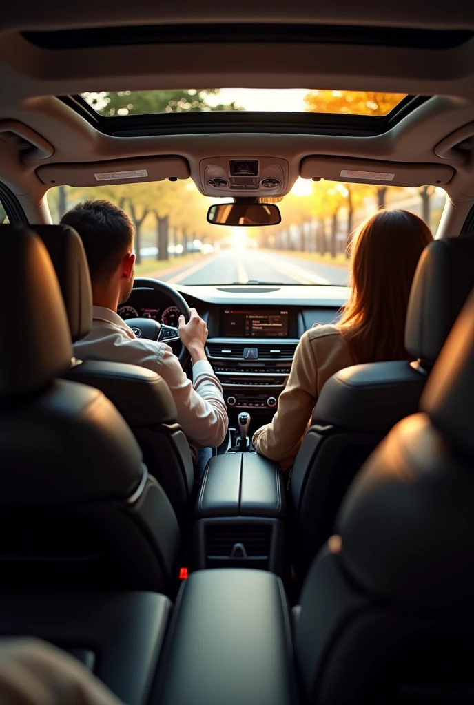 Interior view of a car from the perspective of someone in the back seat