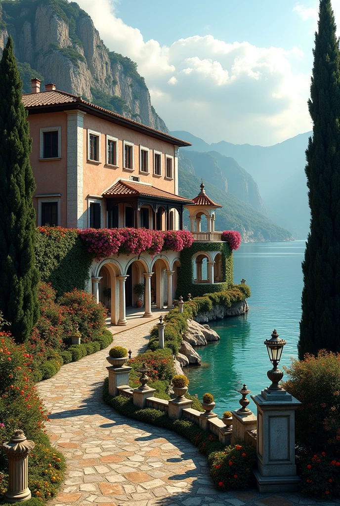 Create a fat villa next to a lake in Italy, but the villa should really be fat and look like a castle. Super rich, but really in that Italian style.