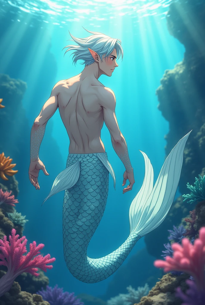 Homme-poisson, beau, écailles blanche nacrés sur la peau , Oreilles d'elf, nageoire dorsale visible, cheveux court, style anime, corne de corail