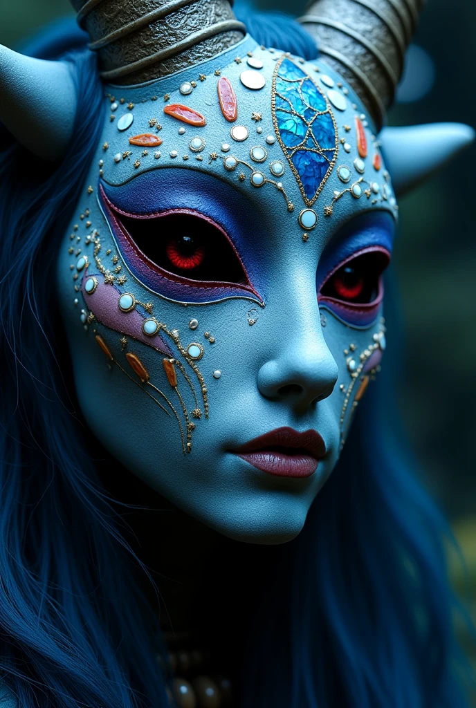 Nepali influenced Sami art dark mythology of resin (jelly-lookin) mask of evils with glass (persian blue and dark purple), mosaic (creme and baby-blue), pearls and abalone, black fur and leather art various techniques fine art japanese art principles avant garde animalistic dark magic bloodshot eye and goats eye queer culture patti smith influence art underwater creature avant grade and highly intricate