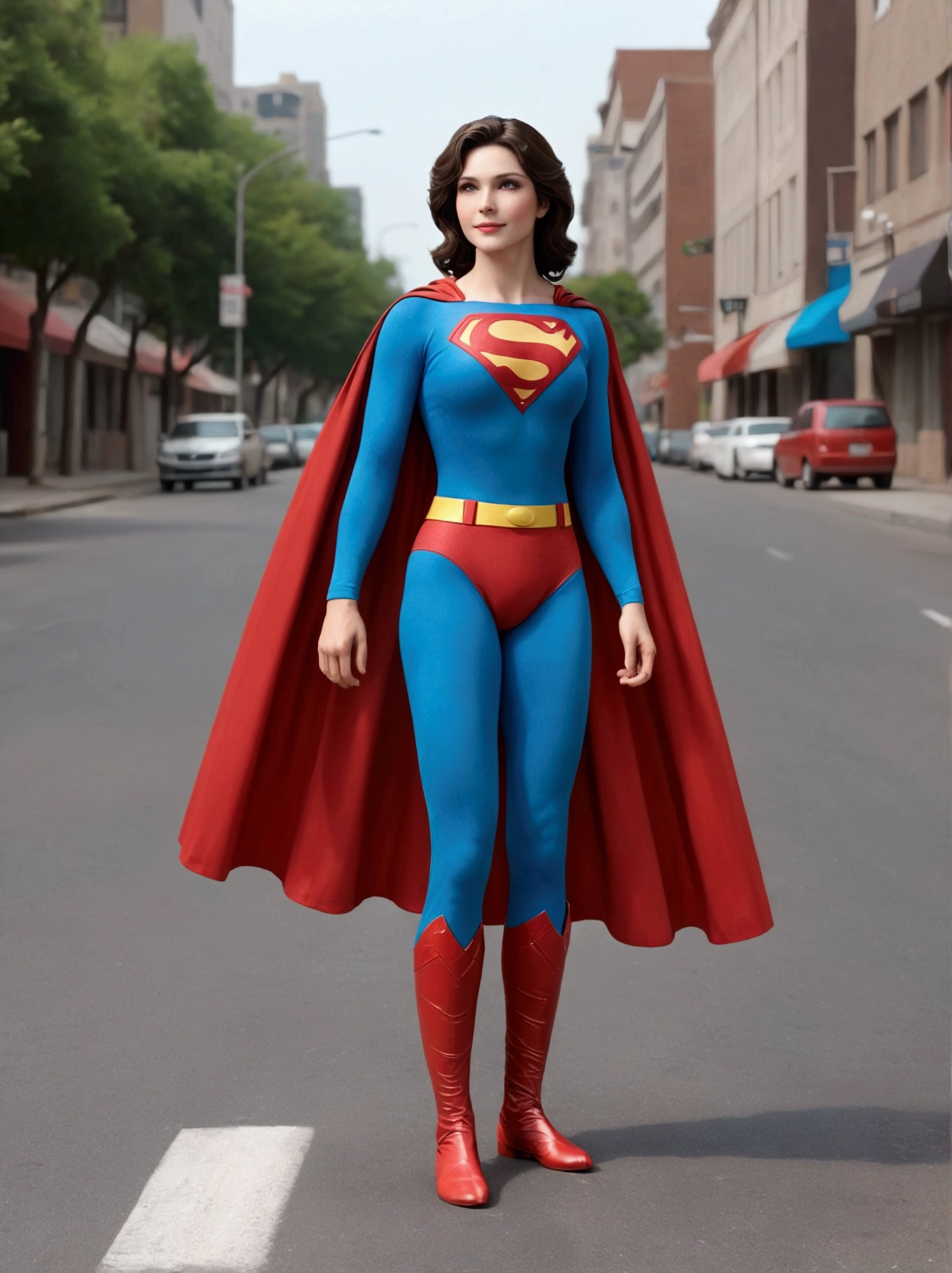 (One person), (masterpiece:1.0),(Extremely detailed 8K), (Wide long shot photo), (whole body:1.3), Realistic, Beautiful woman standing on the street, clothing ((Superman_80s_custom)), View your viewers, (photoRealistic:1.1), (Highest quality:1.4), (Ultra-high resolution:1.2), 8k resolution, Canon EOS R5, 50mm, Absurd, Super detailed, Beautiful face in every detail, Detailed skin texture, Pale skin, smile, Talked about at the art station, Superman_80s_custom,