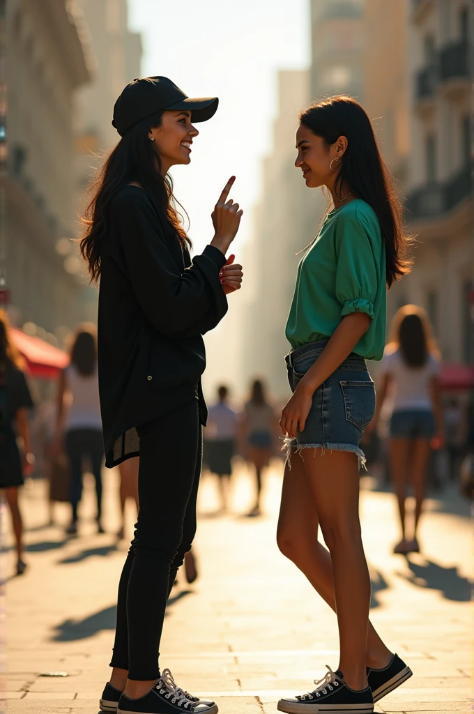 A woman of 1,65 meters. with black hair. Black cap. blue colored eyes. Black long blouse. black pants. ALL star shoe. With a laughing expression, Laughing a lot and pointing with her index finger at another obese woman. With a very sad expression and crying. with green blouse. Medium denim shorts. tennis. background of a city. by the sun.