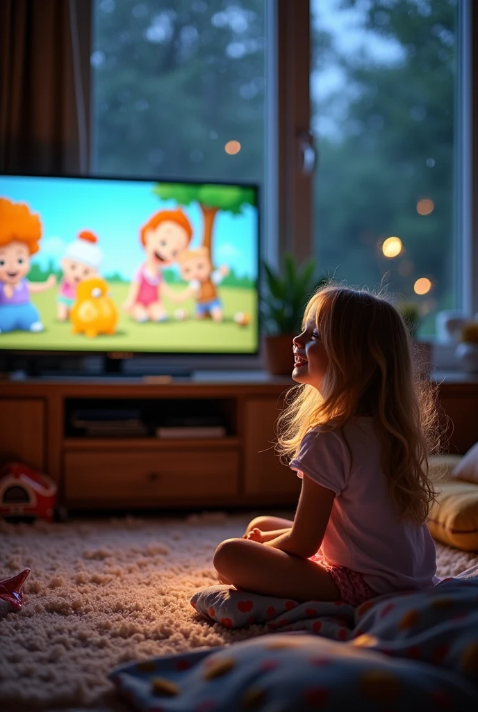 Room with TV playing cartoons, rainy daytime,  and she's a blonde