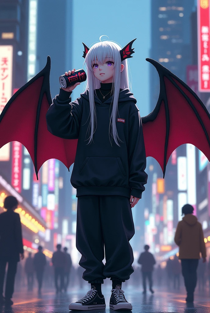Kizuro is a young boy of average height, Eyes red, pale skin with long white hair with long strands falling over his shoulders and a fringe on his face that covers his left eye. He has black bat wings with red insides on his back and his face is very feminine. He's wearing a black long-sleeved turtleneck shirt, He's wearing a black hooded sweatshirt, slightly loose black pants that go all the way down but don't go past your black sneakers. He is in a city holding a can of Monster Energy in his hand close to his mouth., drinking.