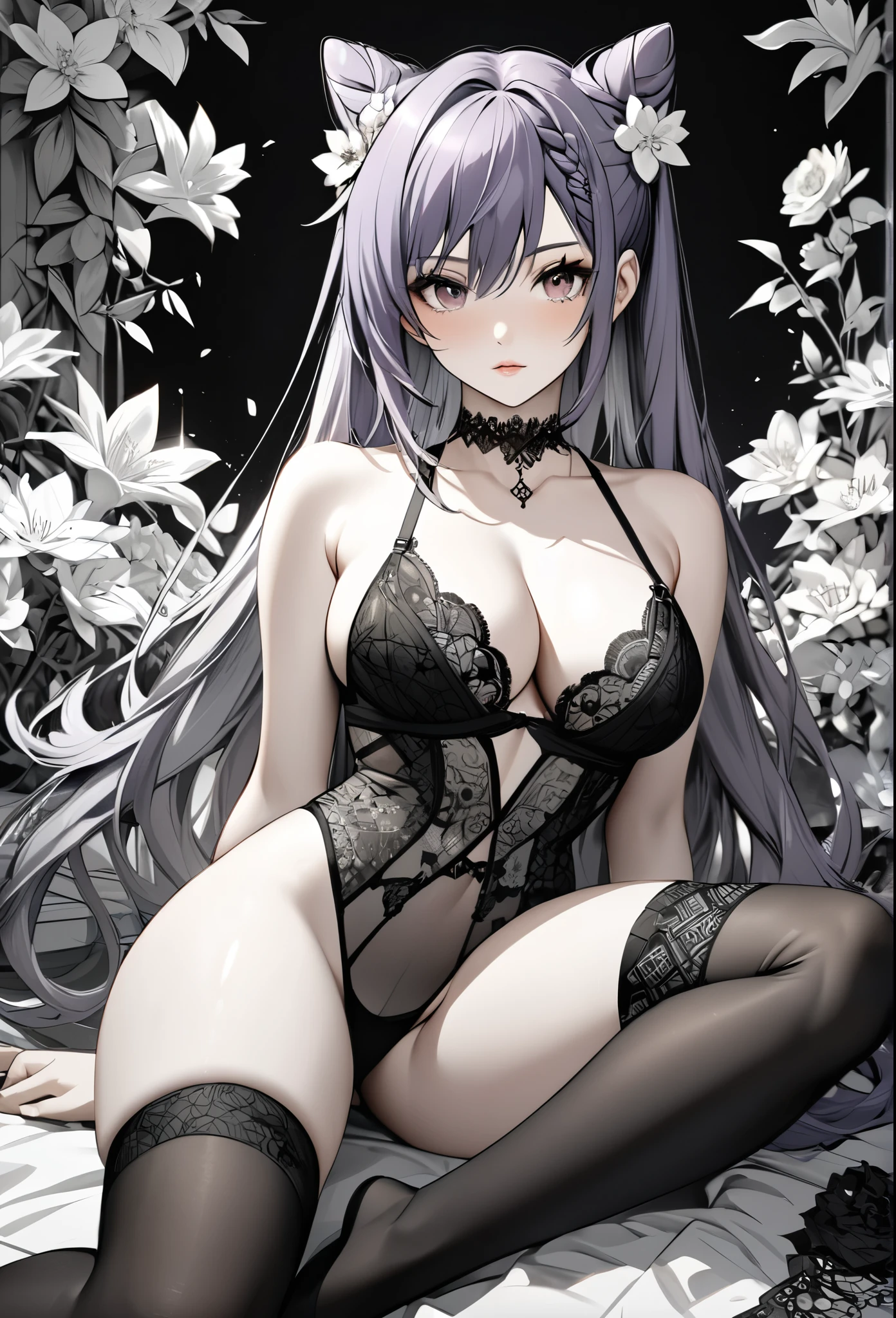 Keqing, genshin inpact, absurdres, highres, ultra detailed, ultra-detailed background, extremly detailed, 1girl, bunch of flowers, (zentangle:1.2), (geometric:1.2), black and white color palette, monochromatic, big tits, cleavage, sideboob, lingerie, realistic depiction, (arms behind back), sitting, ((legs spread)), thigh highs,