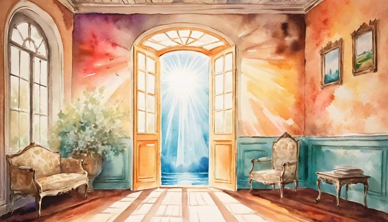 Watercolor style art dream space，There is a dream door，Lumiere，Rays of Lumiere，colorfully，artwork style，pictorial，posters，dreamy art poster