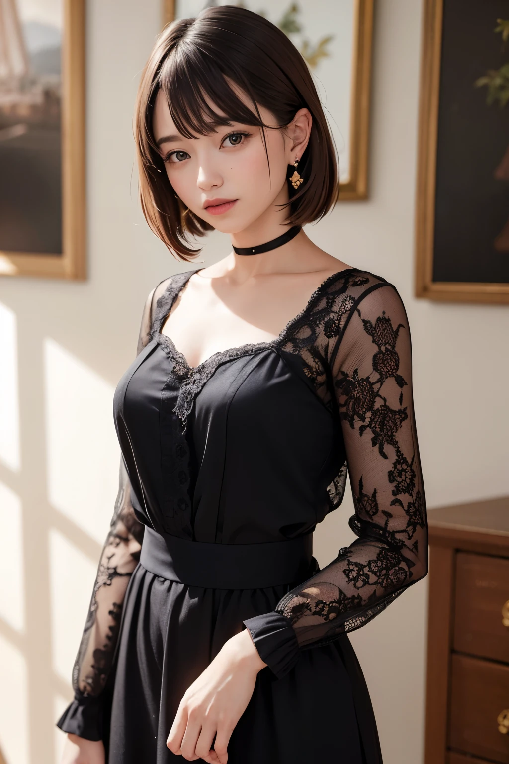 (masterpiece, Highest quality),one person's, alone, hyper Realistic, Realistic,Realistic, Looking at the audience, Light brown eyes:1.4,Brunette Short Bob Hair with highly detailed shiny hair, Brightly colored winter clothes, Lepangas:1.4), Plein Air, Mouth closed, Upper Body、big chest eye、eyelash、{Hugeな|big chest|Hugeなな|Mega} chest:2, chestの谷間:2、{Huge|big|Hugeな|Mega} chest, chestの谷間、(((big chest eye、Short Bob Hair、Student Highlights、Gazing at the audience、She is very beautiful and cute、Listen carefully、Long neck、smile、Close your mouth and smile、Bangs and beautiful teeth、Perfect Anatomy)))、Ideal body type、(Snowy tree-lined road in winter in Norway)、美しいLong neck:1.4、