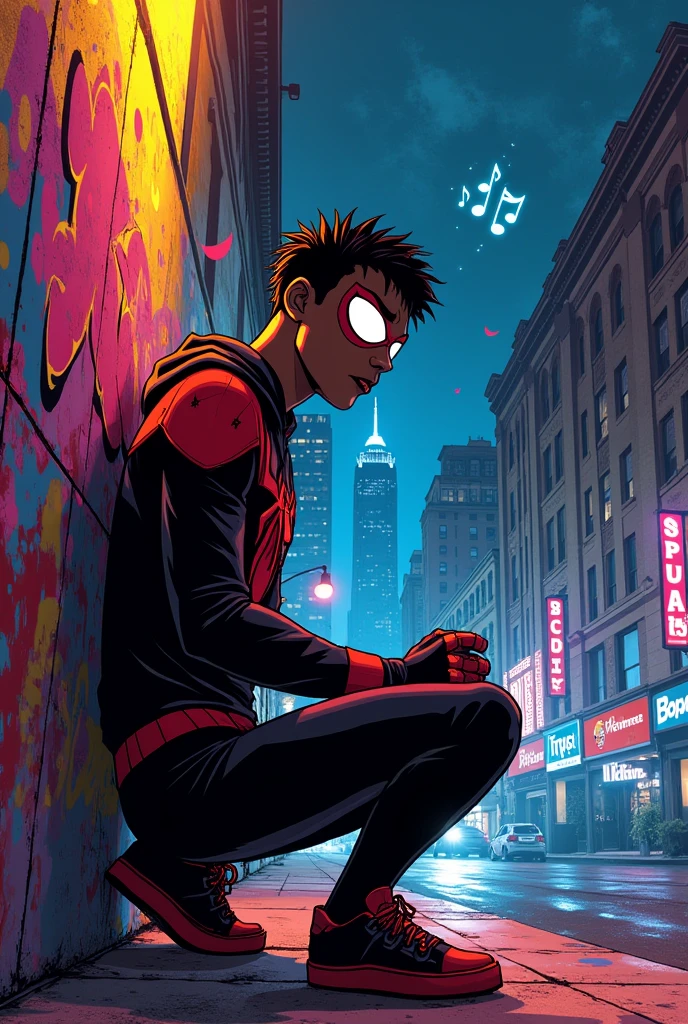 Create a comic style image. From the movie Spider-Verse. From the moment Miles Morales goes out at night to graffiti a wall. And Miles Morales decides to download the Spotify app to get inspired when graffitiing.