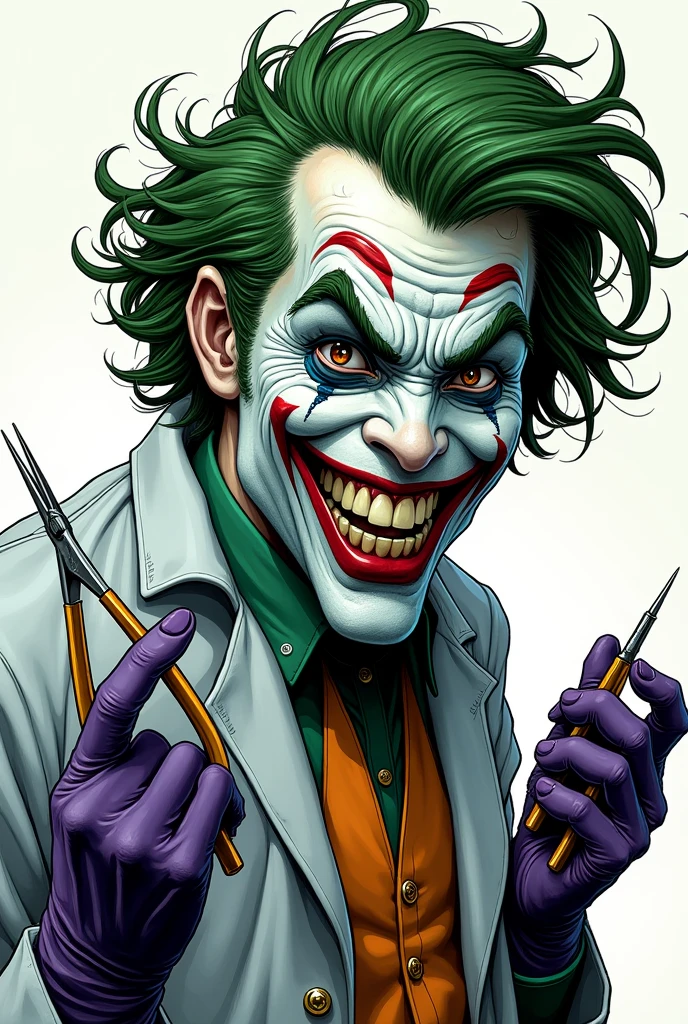 Create an image in the style of the Joker's comic book drawing, half-body with a lab coat holding a dentist's pliers in one hand and a needle in the other, with a smile on his face and no background behind him.