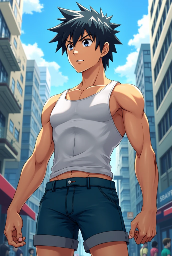 gojo Satoru , but black haired and a little muscular without a bit of a sideburns , full body with shorts and realistic