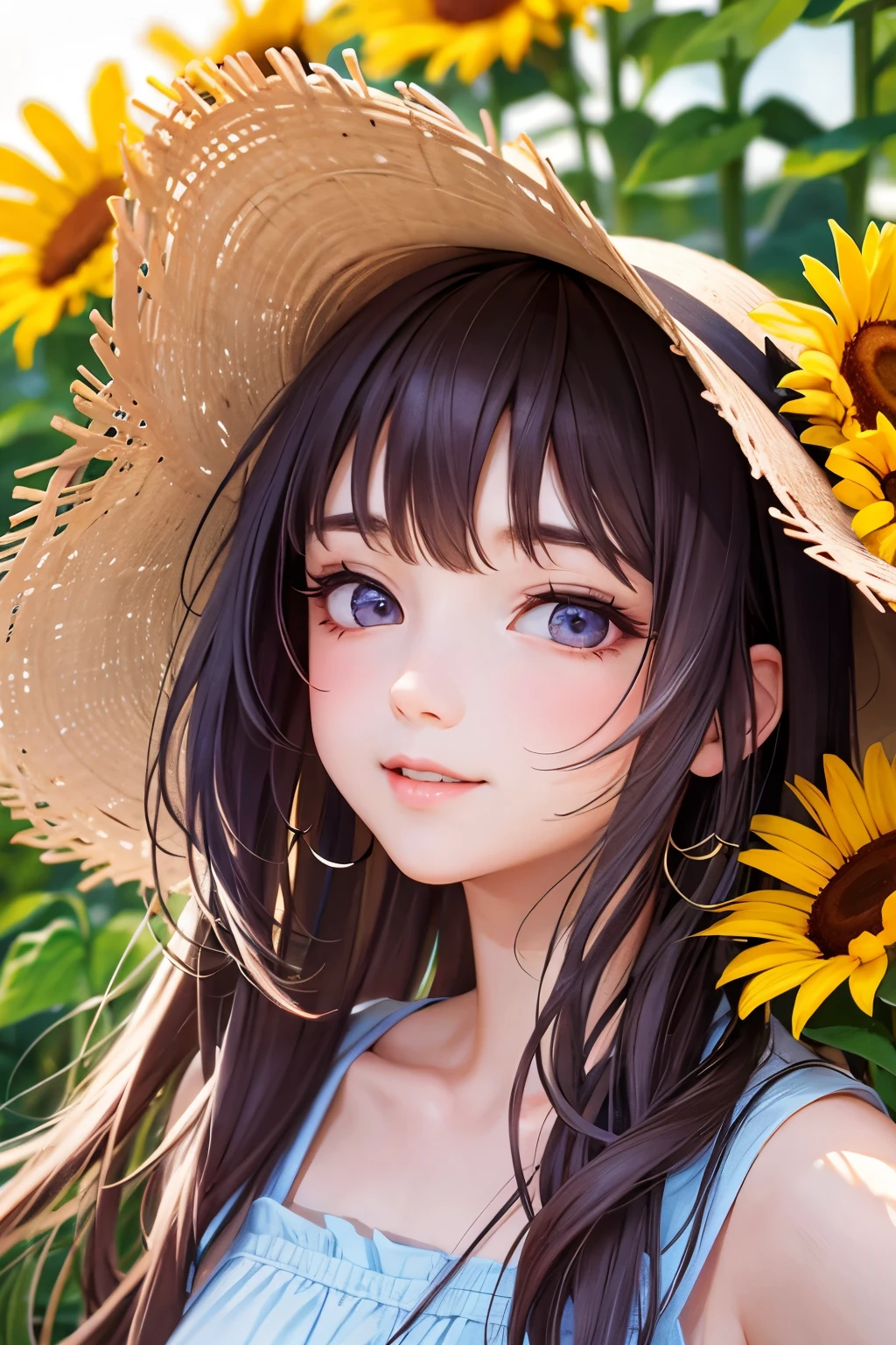 Beautiful brown haired girl smiling in a straw hat in a sunflower field in the shining summer sun
