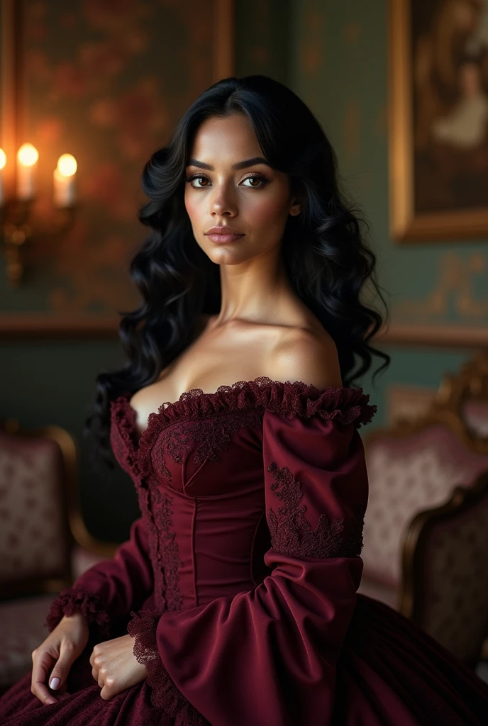 masterpiece, black haired woman with dark brown eyes, beautiful, serious and confident expression, dressed as in the Victorian era with a beautiful wine-colored dress on her large image the slogan "rigor and affection"