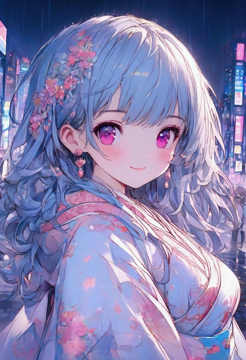Masterpiece, high definition, anime girl, short blue hair, magenta eyes, cute anime girl, smiling face, fractal art, Gwaiz, super detailed background, night city background with rain, surrounded by magenta lights