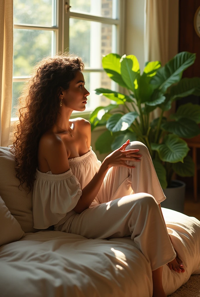 (photorealism:1.2), beautiful woman, sitting on bed, wearing loose off-shoulder top, pajama pants, long curly hair, indoors, soft lighting, plants in background, window with sunlight, cozy room, relaxed pose, realistic, intricate details, warm colors, by Greg Rutkowski, by Alphonse Mucha