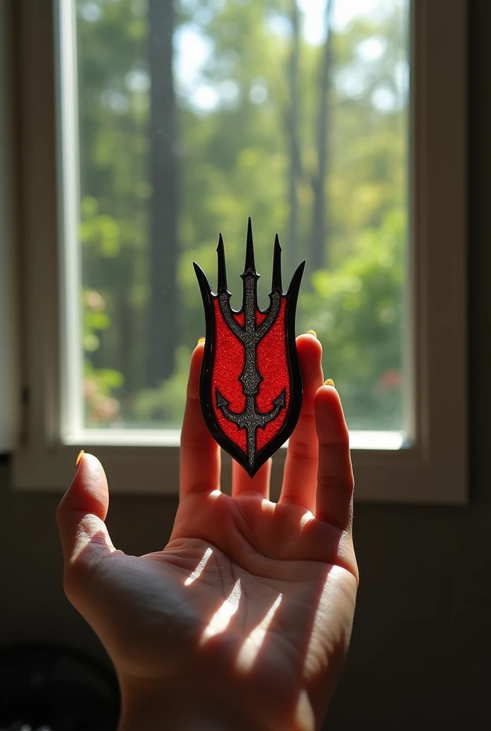 Red bottom Brooch, with black outline, with a WHITE TRIDENT with three sharp pointed spines in the middle. Well-detailed and being held by a human male hand with 5 fingers. background inside an apartment, at the window, facing a forest.