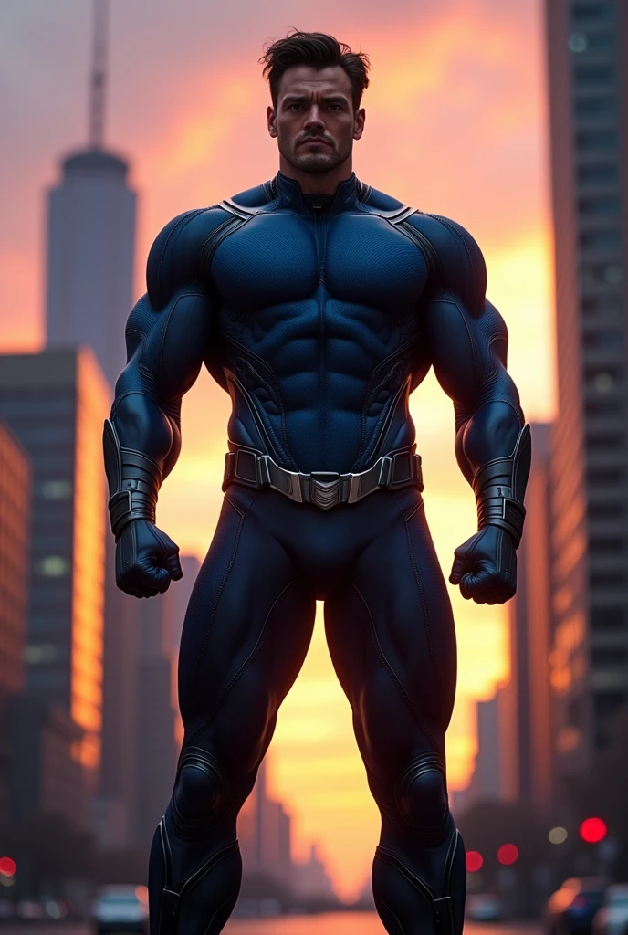 Full body view of a male superhero. No logo or cape. Realistic, photographic style.