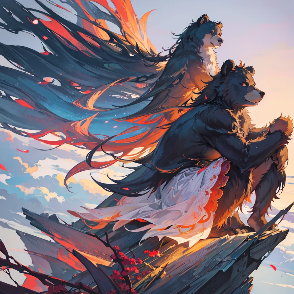 Bear in anime style, bear hybrid, sitting on the roof, anime style, detailed, cinematic lighting, warm color tones, intricate details, highly detailed, masterpiece, best quality, 8k, hyper detailed, sharp focus, vivid colors, natural lighting, atmospheric, dramatic, fantasy, surreal, ethereal, mystical, whimsical, magical realism