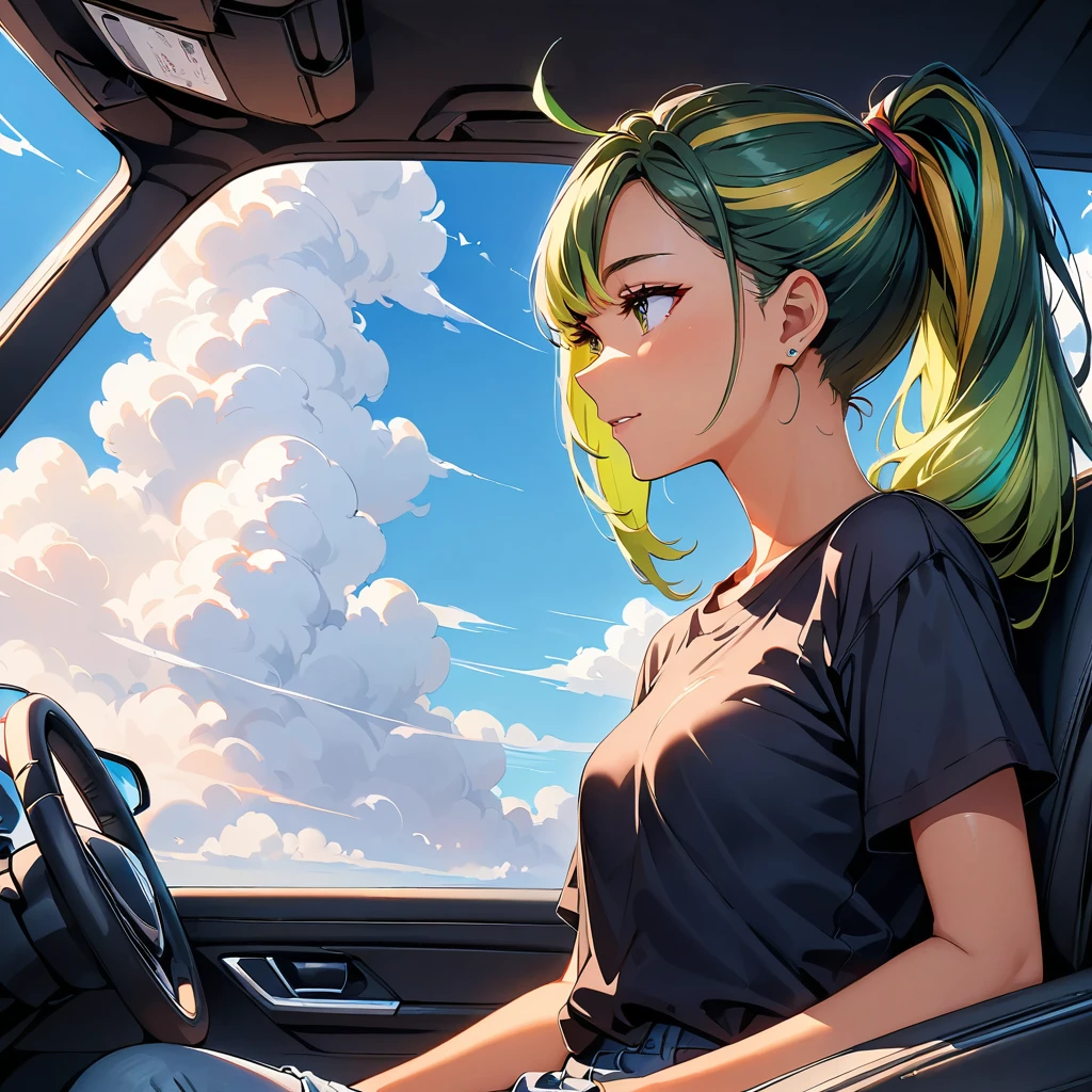 (highest quality:1.2, Very detailed, up to date, Vibrant, Ultra-high resolution, High Contrast, masterpiece:1.2, highest quality, Best aesthetics), wide angle, Portraiture、girl、((25 years old:1.8)), (slim:1.2),Bright colors、Beautiful fine details、Beautiful lip detail、long hair, (ponytail:1.3), white and yellow green ((streaked hair:1.6)), highlights hair: 1.5, (small breast,:1) (tan skin:1.2), ((drive a car:1), sitting in the driver's seat), convertible car, blue sky and white cloud, black t-shirt, jeans shorts, looking ahead, side view