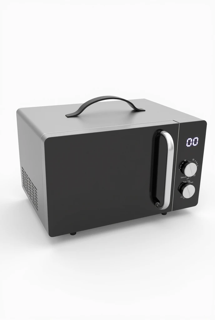 Create a portable microwave, with a handle, with the timer at zero, without an opening handle on the door, upturned and realistic, on a white background 